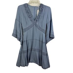 Baltic Born Slate Blue V‑Neck Mini Dress with Lace Insets